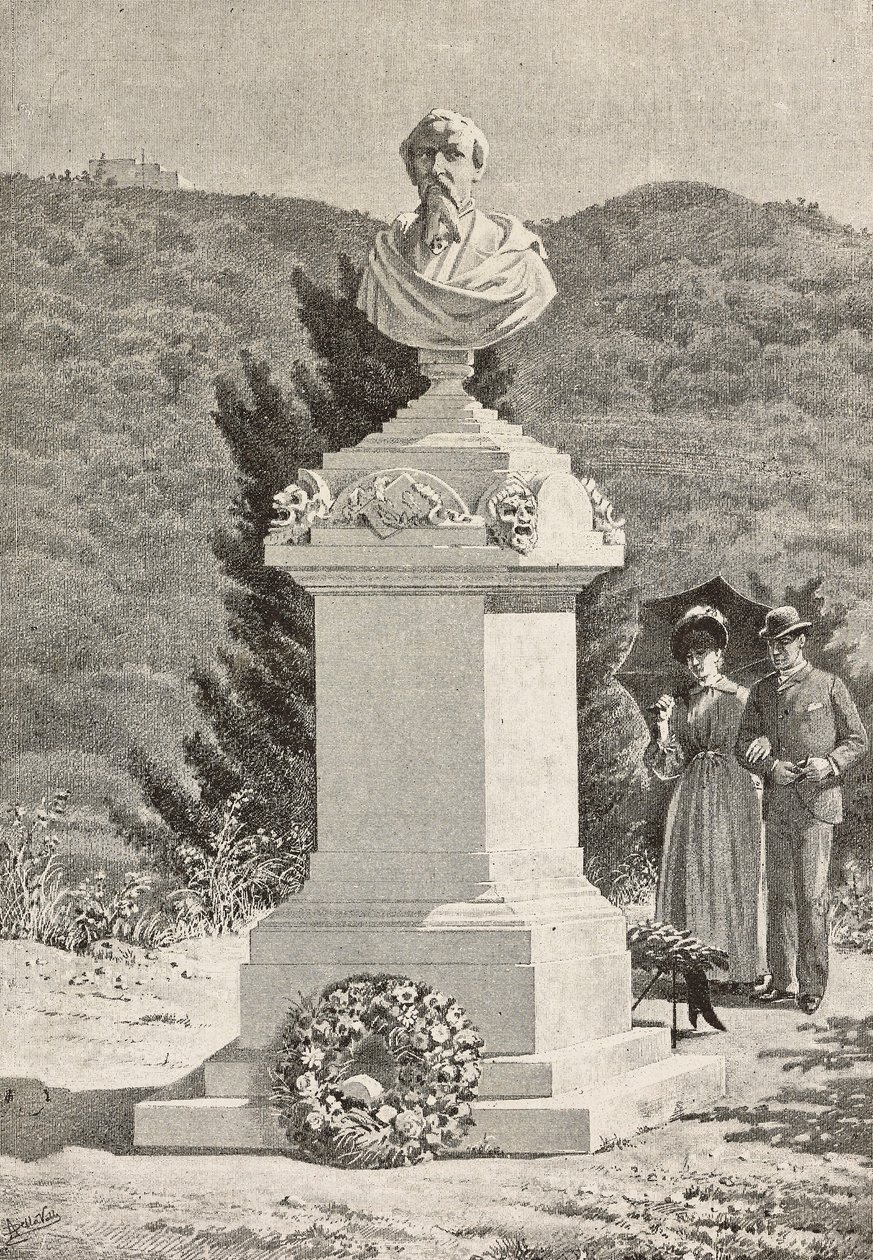 Monumento a Paolo Giacometti (1816-1882) nel cimitero di Staglieno, Genova, Italia, incisione da disegno di Alberto della Valle, da L