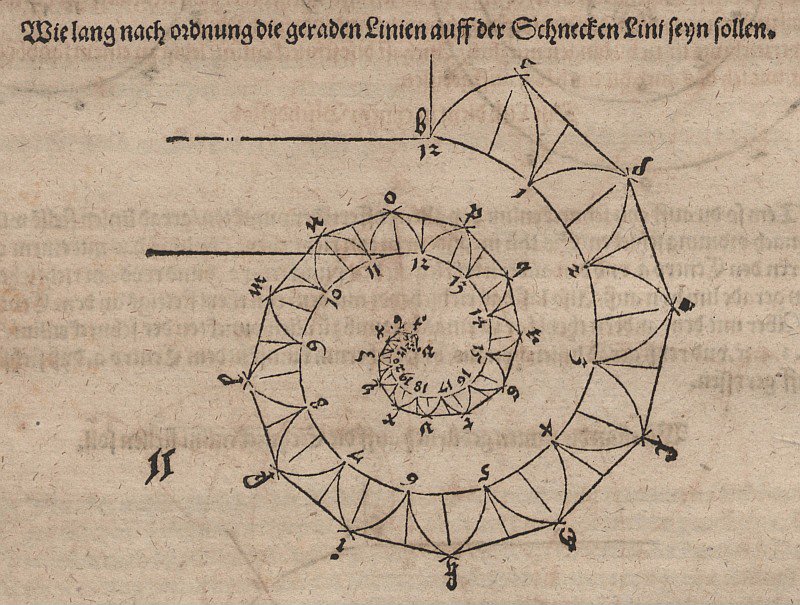 Determinazione delle lunghezze delle spine applicate di una spirale tangente da Albrecht Dürer