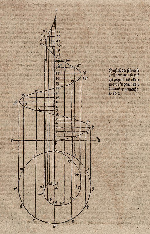 Piano e prospetto di una spirale conica con linee ausiliarie da Albrecht Dürer
