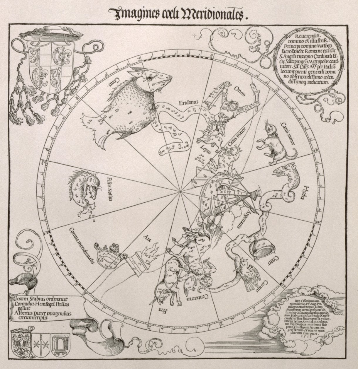 Mappa del Cielo Meridionale, con Rappresentazioni delle Costellazioni, Decorata con lo Stemma del Cardinale Lang von Wellenburg, e una Dedica a Lui con i Suoi Stemmi e il Copyright Imperiale, 15 da Albrecht Dürer