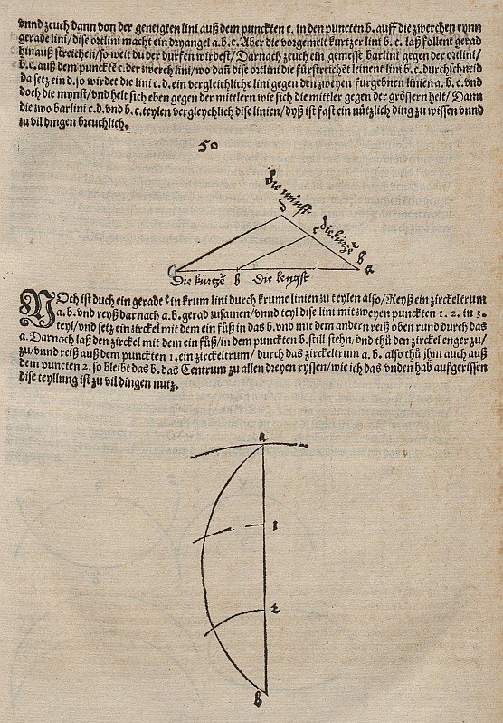 Divisione di un segmento in un rapporto dato da altri due segmenti e tentativo di tripartizione da Albrecht Dürer