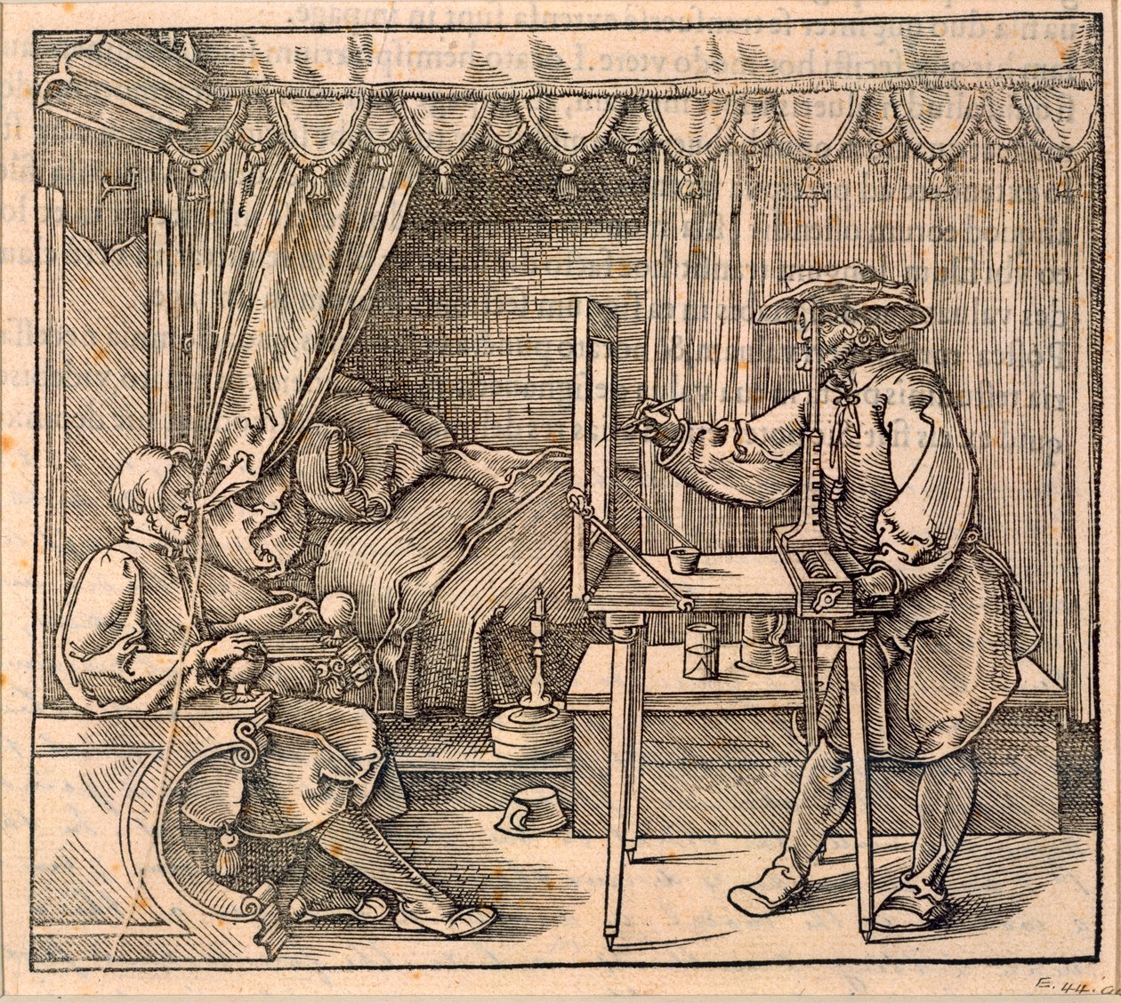 Un disegnatore che prende dettagli per un ritratto, usando un apparato prospettico per disegnare su vetro, da 