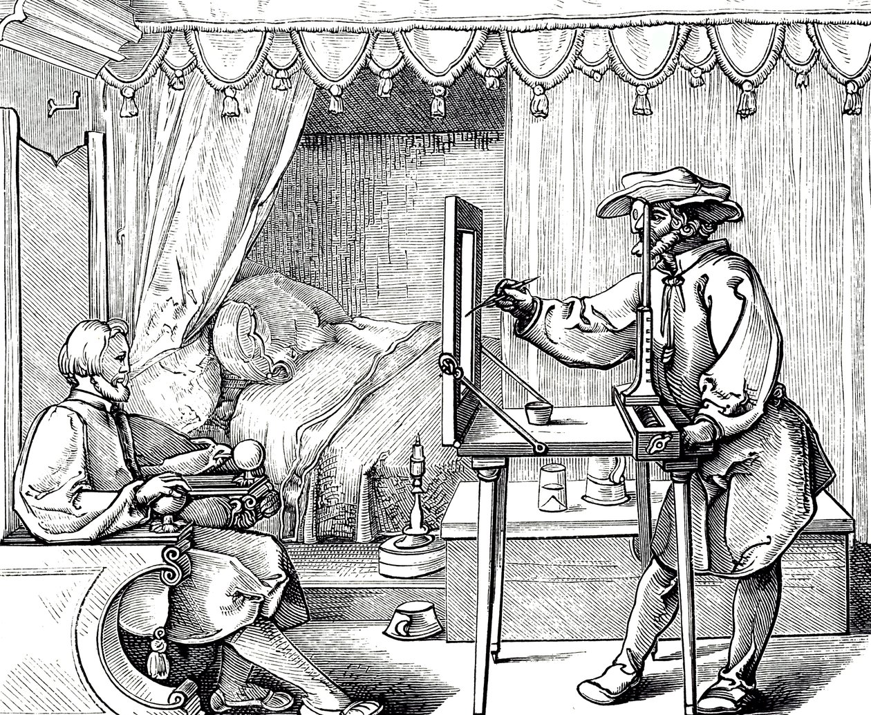 Incisione su legno che raffigura un artista che utilizza un ausilio per il disegno per ottenere le proporzioni corrette di un ritratto. Incisione di Albrecht Dürer (1471-1528) da Albrecht (after) Durer or Duerer