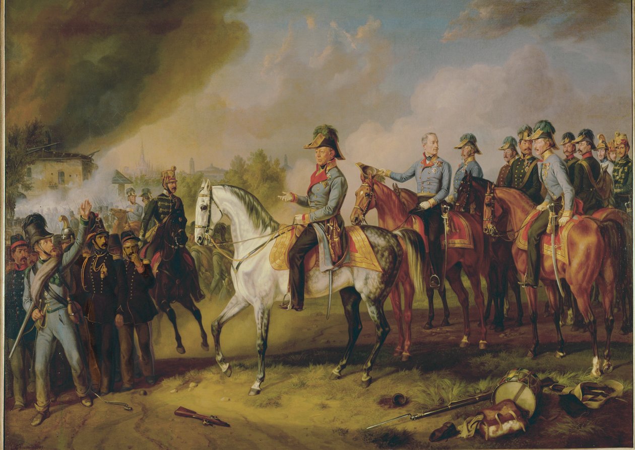 Il feldmaresciallo Johann Joseph Wenzel Radetzky e il suo stato maggiore davanti a Milano ... (dipinto su tela) da Albrecht Adam