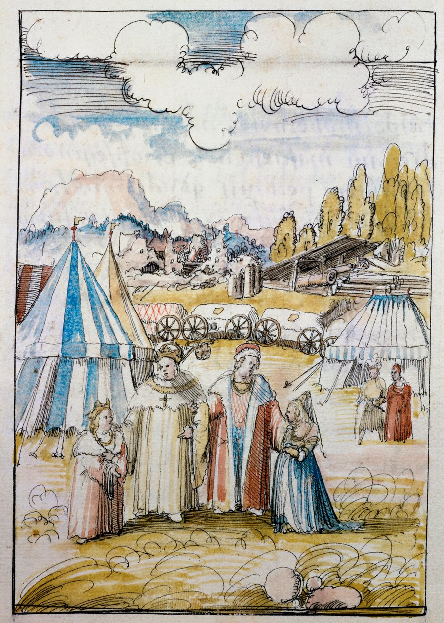 Il futuro imperatore Massimiliano I, guidato dal padre Federico III, incontra la sua sposa, Maria di Borgogna, a Neuss ... da Albrecht Altdorfer