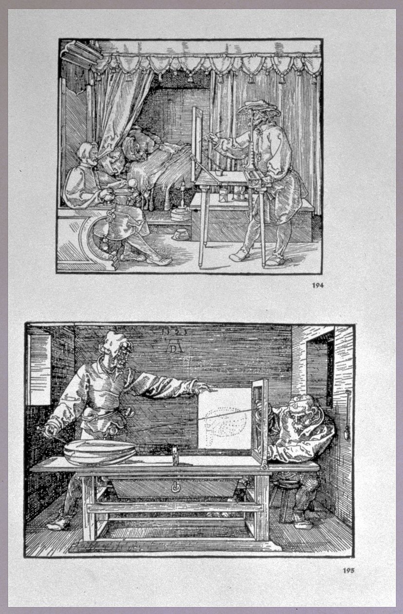 Apparato per tradurre oggetti tridimensionali in disegni bidimensionali, due scene dal primo libro tecnico dell