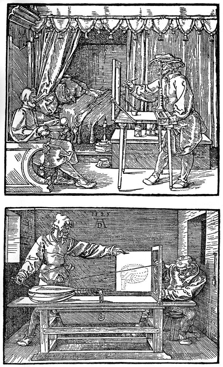 Apparato per tradurre oggetti tridimensionali in disegni bidimensionali, 1525, 1936 da Albrecht Dürer