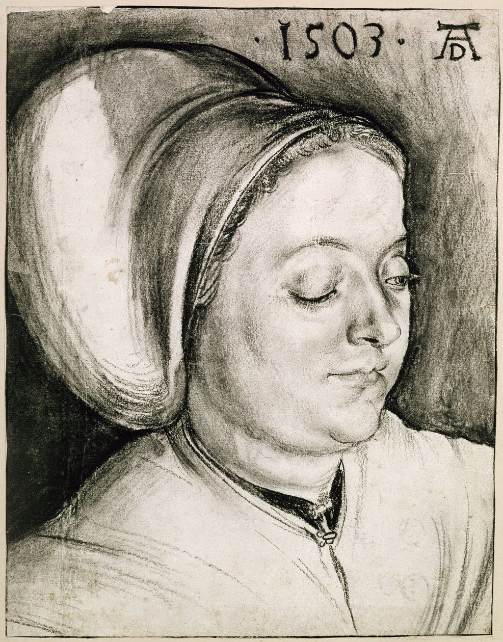 Ritratto a mezzo busto di donna con cuffia imbottita da Albrecht Dürer
