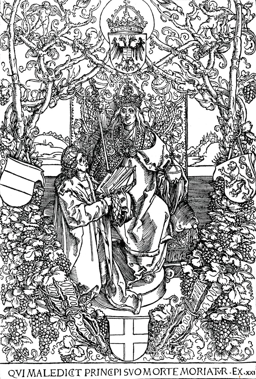 Conrad Celtes presenta il suo libro Quatuor Libri Amorum a Massimiliano I da Albrecht Dürer