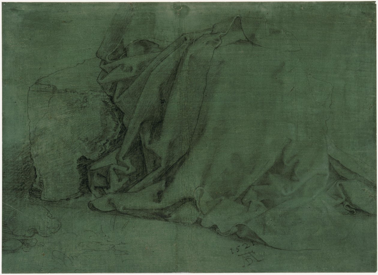 Studio di panneggio di una donna seduta su una panca di pietra da Albrecht Dürer