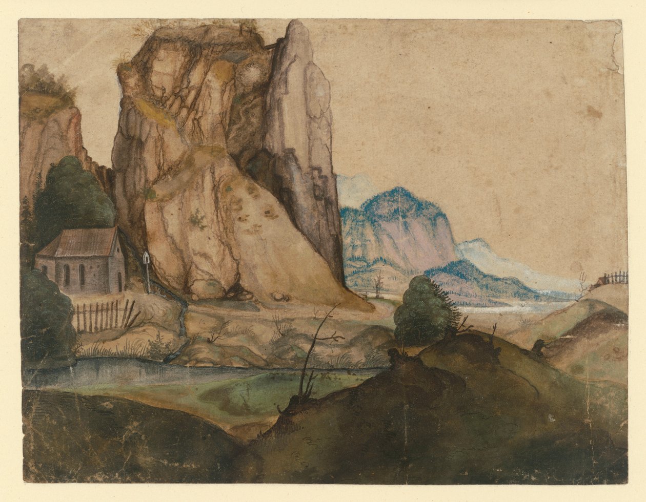 Paesaggio collinare con una cappella ai piedi di alte rocce da Albrecht Dürer