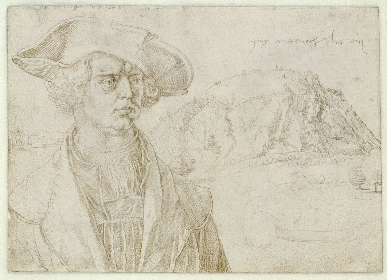 Ritratto a mezzo busto di un uomo (Aert Bruyn) e paesaggio nei pressi di Andernach da Albrecht Dürer