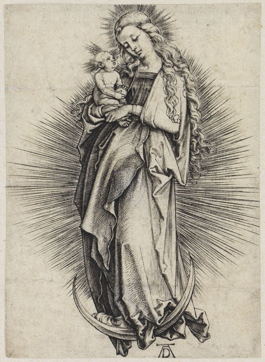 Maria dai lunghi capelli sulla falce di luna da Albrecht Dürer