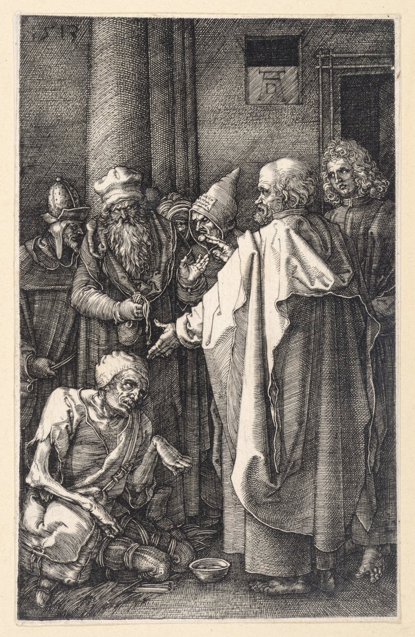 Pietro e Giovanni guariscono un mendicante zoppo nel tempio (Passione incisa) da Albrecht Dürer