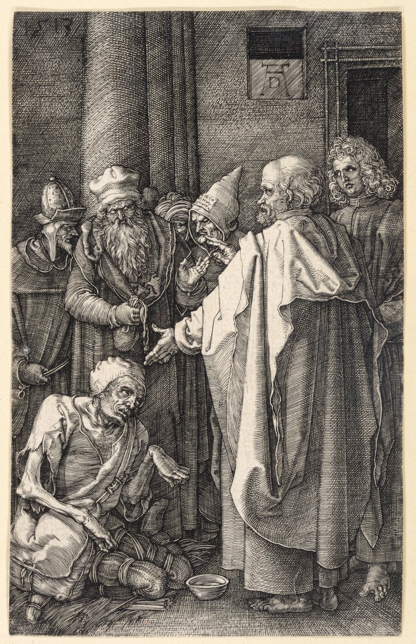 Pietro e Giovanni guariscono un mendicante zoppo nel tempio (Passione incisa) da Albrecht Dürer