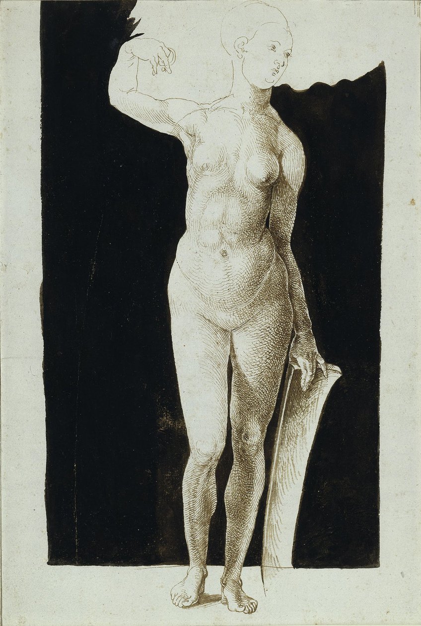 Studio di proporzioni di nudo femminile con scudo, 1500 da Albrecht Dürer