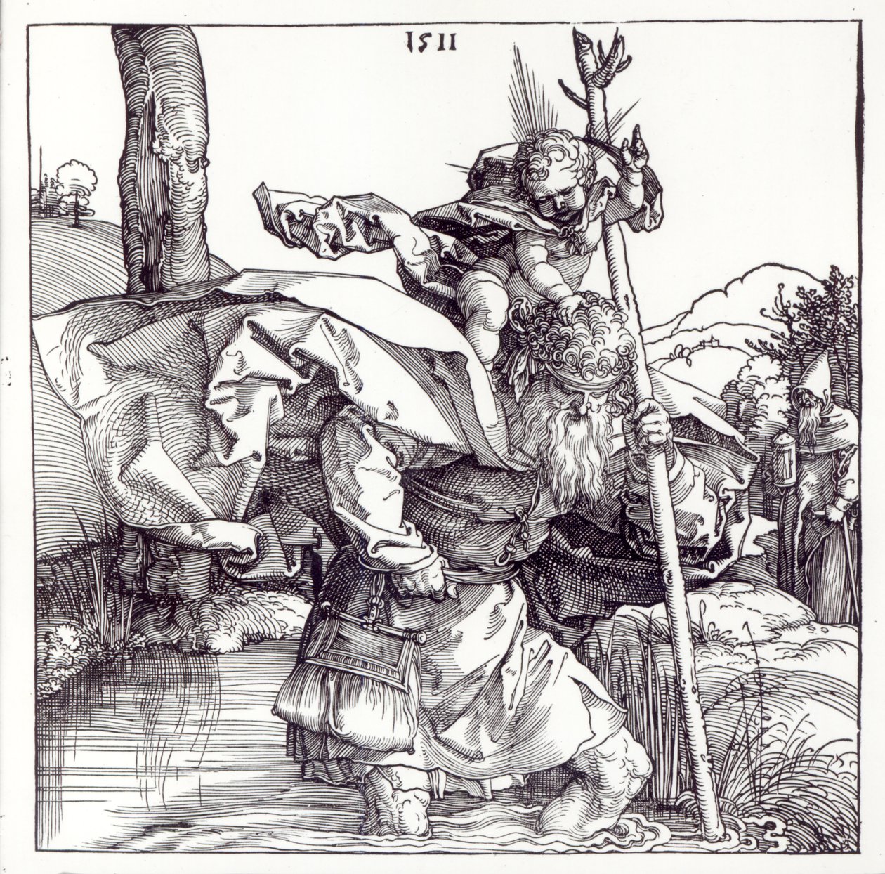 San Cristoforo che porta il Bambino Gesù, 1511 (xilografia) (foto in bianco e nero) da Albrecht Dürer