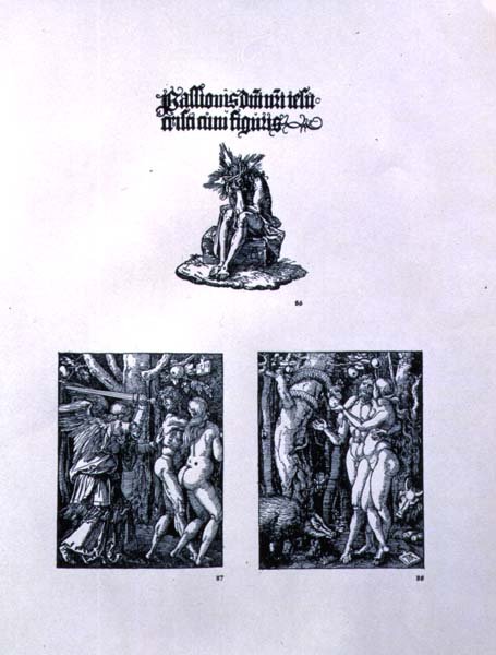 Tre pagine dalla serie Piccola Passione: (in alto) pagina del titolo con Cristo come Uomo dei Dolori e un
