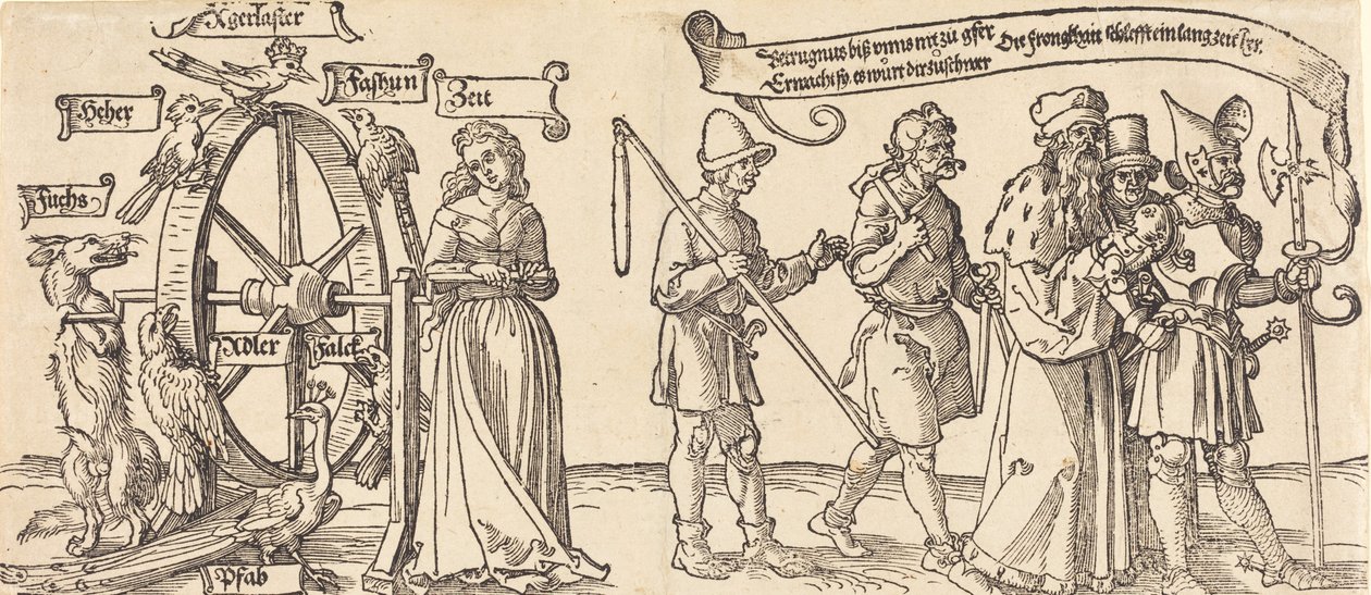 Il tempo e una volpe che gira la ruota della fortuna con persone di tutti i ranghi a destra da Albrecht Dürer