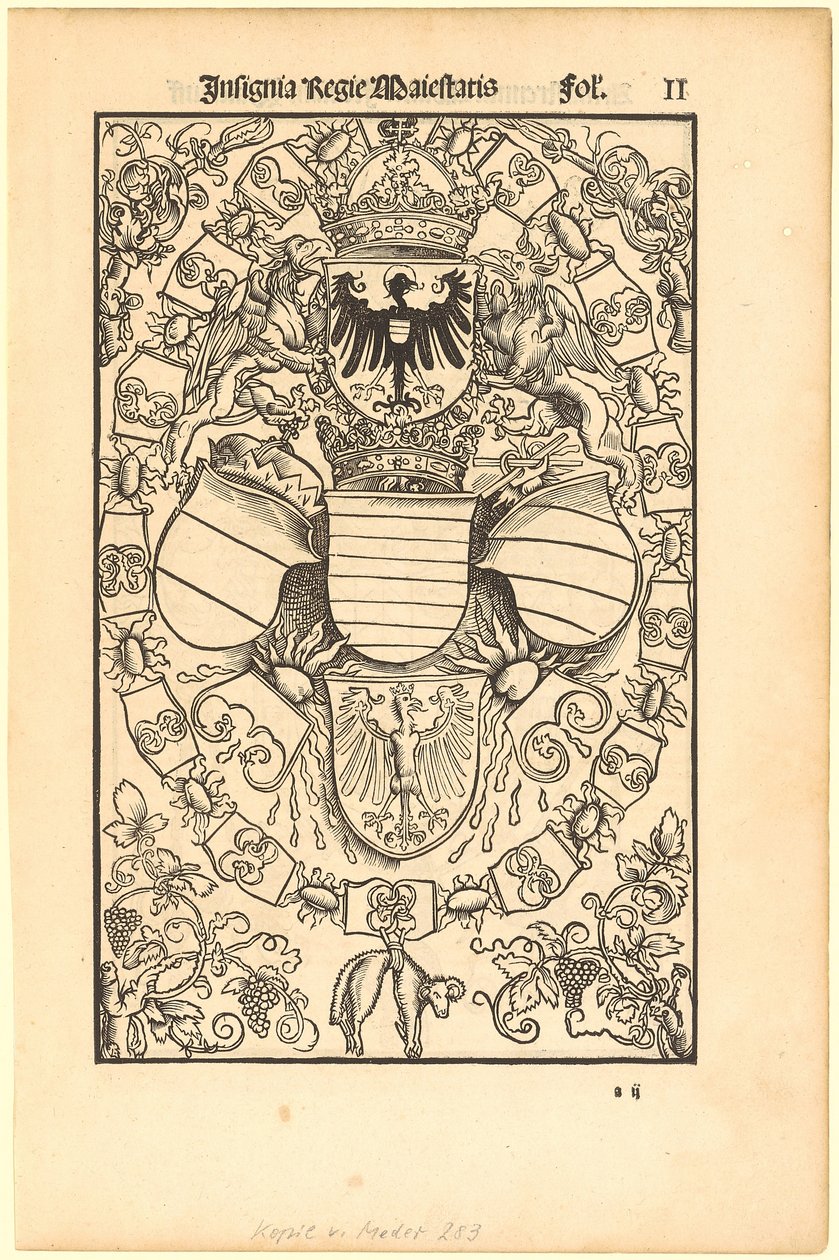 Stemma di Massimiliano I in qualità di re romano [recto]; stemma di Florian Waldauf (Waldauff) di Waldenstein [verso] da Albrecht Dürer