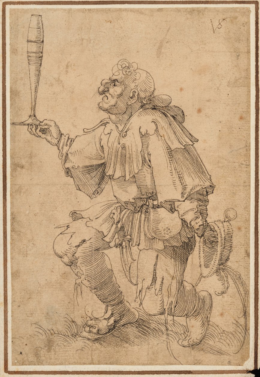Un uomo grottesco inginocchiato, che tiene un bicchiere di birra alto alla base da Albrecht Dürer