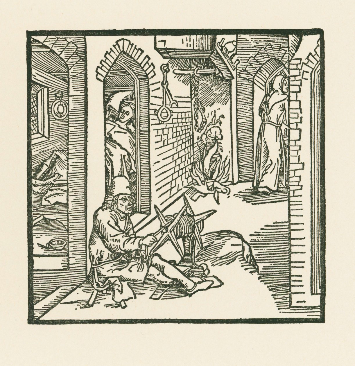 Un fabbricante di corde vede un monaco uscire dalla camera della moglie infedele da Albrecht Dürer or Duerer