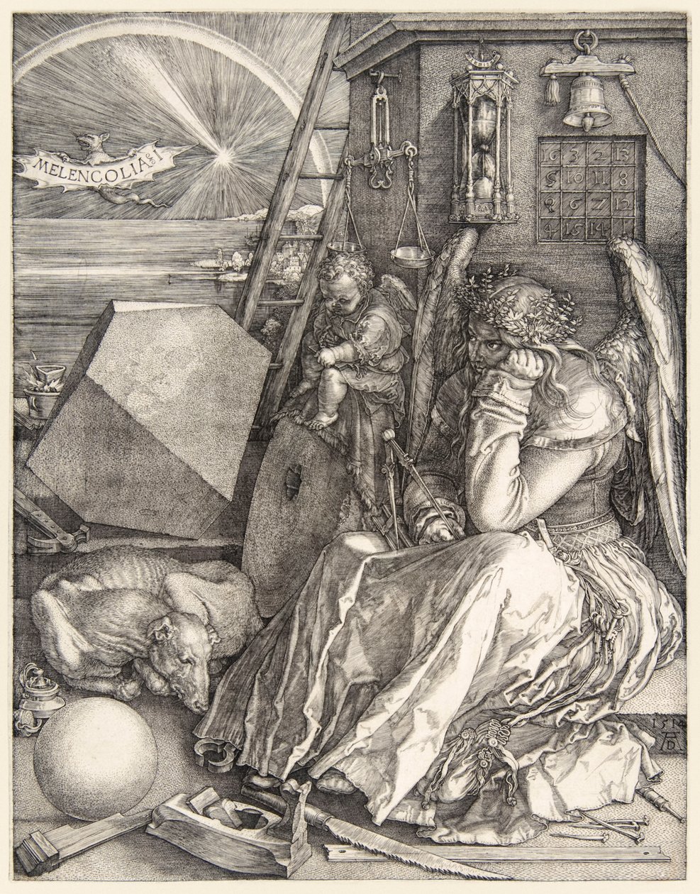 Melencolia I di Albrecht Dürer (1471-1528), una delle sue 3 incisioni magistrali completate nel 1514 da Albrecht Dürer