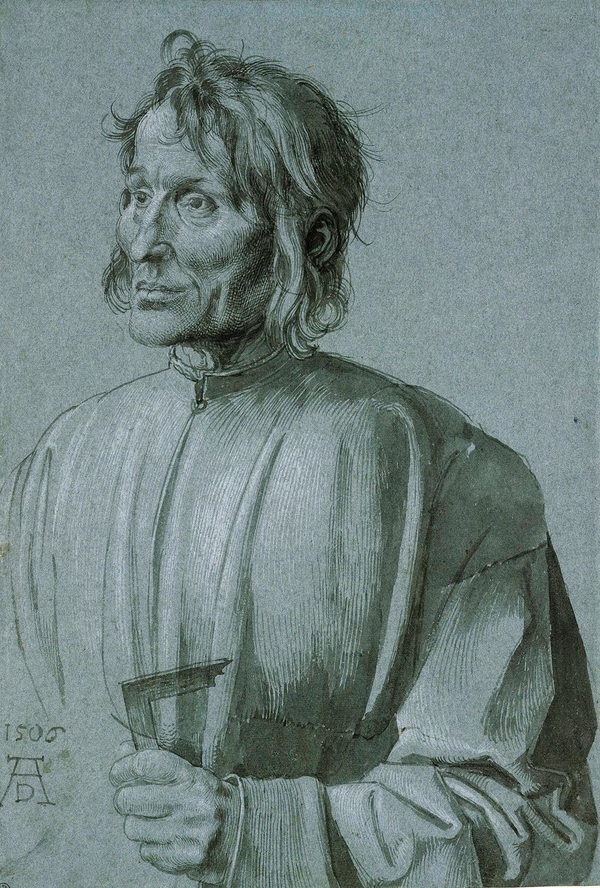 Ritratto di un architetto (Hieronimus von Augsbourg) - Disegno di Albrecht Durer (1471-1528), Penna, pennello, inchiostro nero e colore bianco su carta blu scuro 1506 (39,1x26,6 cm) - Staatliche Museen, Berlino da Albrecht Dürer