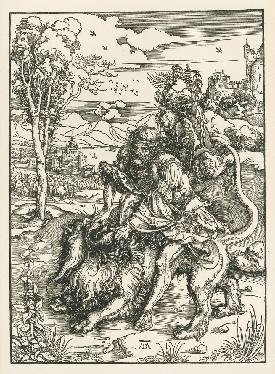 Sansone che uccide il leone, 1497-98 circa (xilografia) da Albrecht Dürer or Duerer