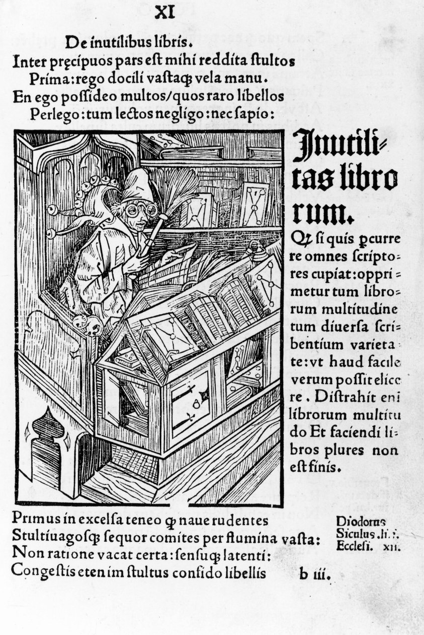 Saggio nel suo ufficio. Indossa un paio di occhiali. Xilografia di Durer, das narrenschiff di Sebastiano Brandt da Albrecht Dürer