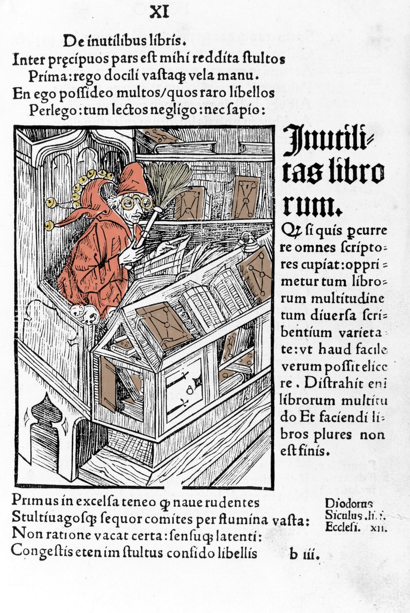 Saggio nel suo ufficio. Indossa un paio di occhiali. Xilografia di Durer in “das narrenschiff” di Sebastiano Brandt da Albrecht Dürer