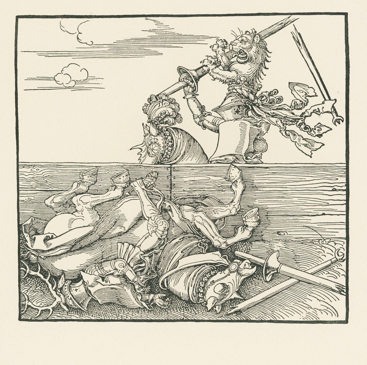 Il torneo straniero. Massimiliano ha sollevato dalla sella il suo avversario Jacop de Heri, 1517-18 circa (xilografia) da Albrecht Dürer or Duerer
