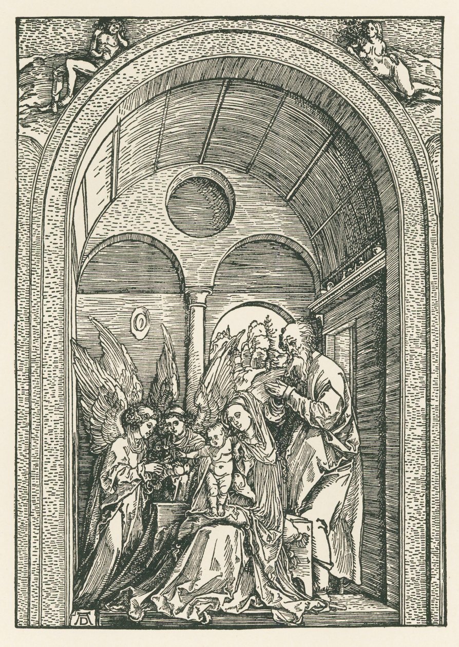 La Sacra Famiglia con due angeli in un portico, 1503-04 circa (xilografia) da Albrecht Dürer or Duerer