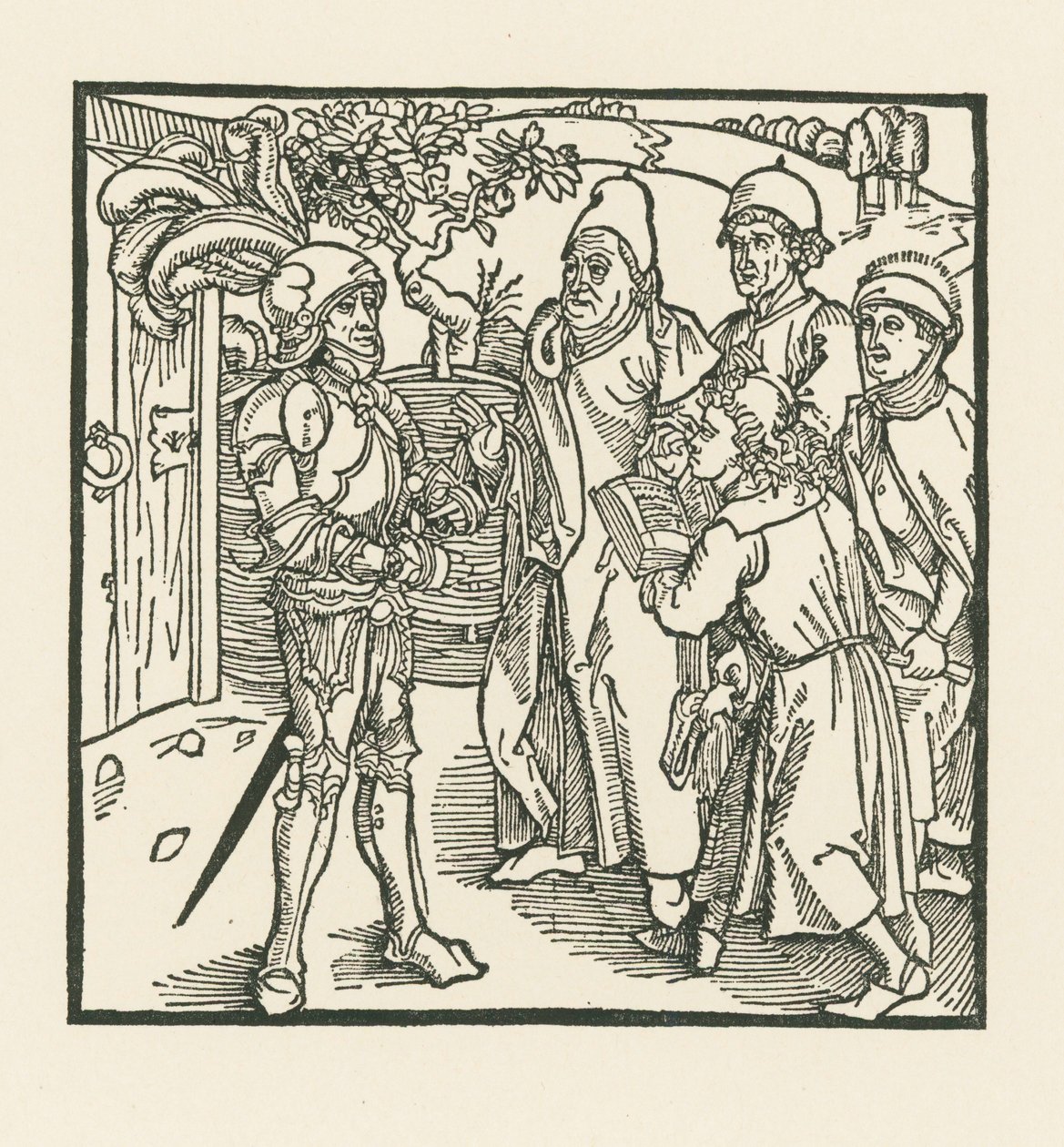 Il cavaliere incarica due scribi e due sacerdoti di compilare questo libro. da Albrecht Dürer or Duerer