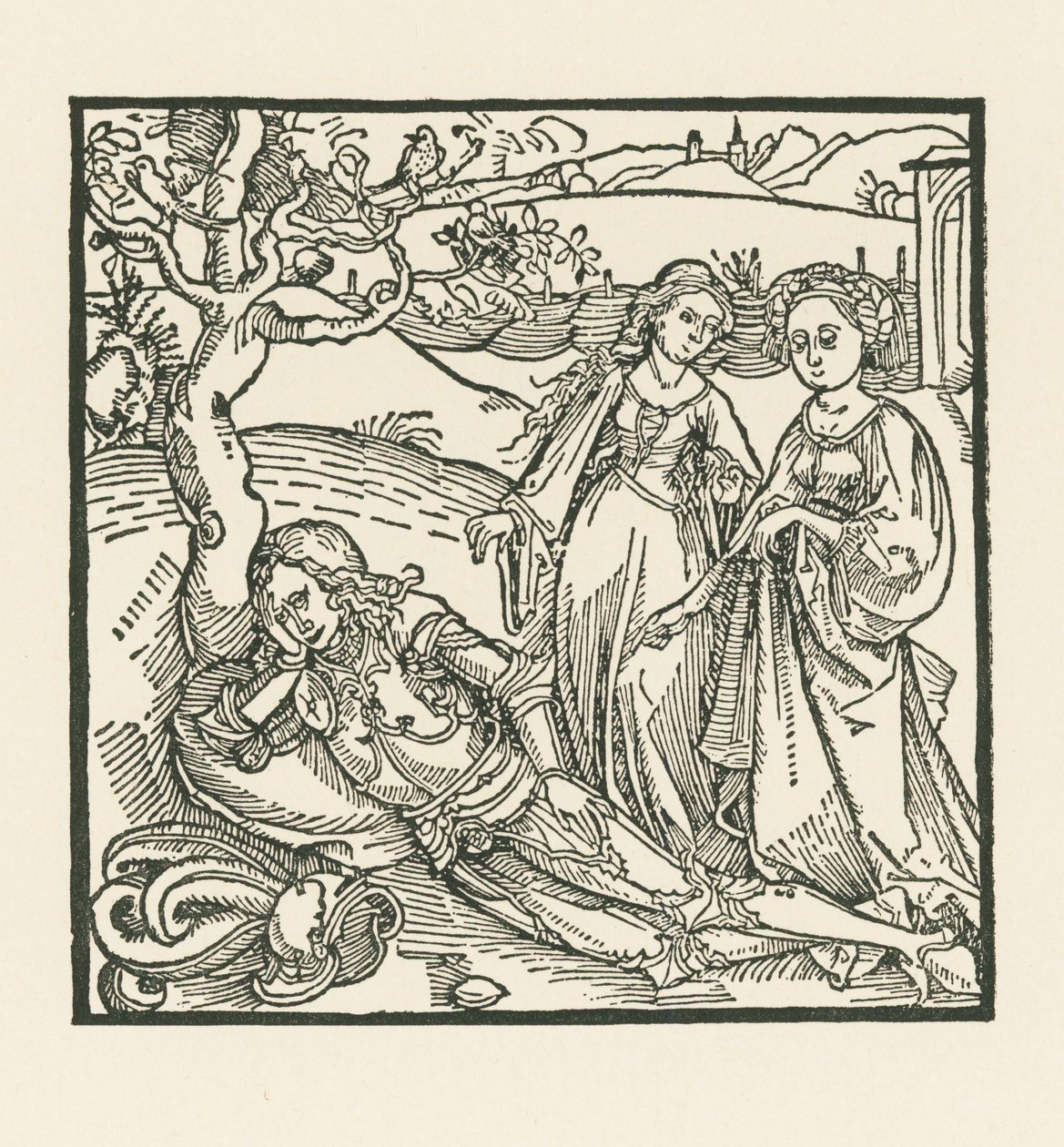 Il cavaliere in meditazione è affiancato dalle sue due figlie da Albrecht Dürer or Duerer