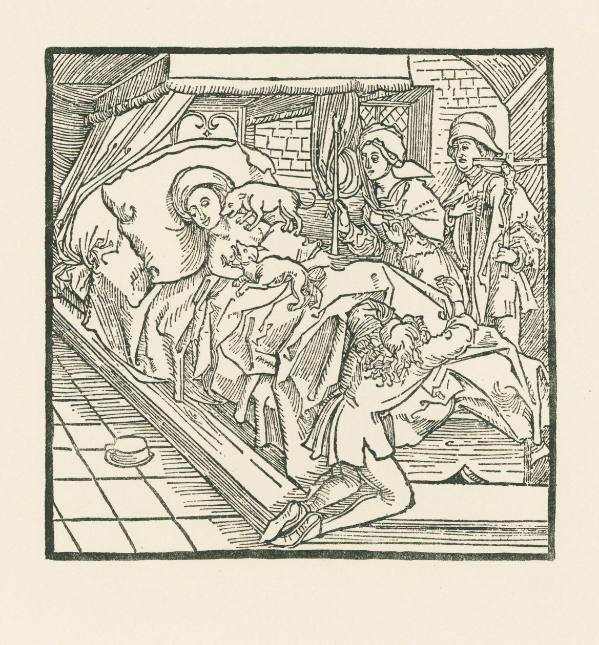La nobile dama di compagnia che nutriva così bene i suoi cani, ma lasciava che i poveri morissero di fame, dopo la sua morte viene leccata dai cani fino a diventare nera come il carbone. da Albrecht Dürer or Duerer