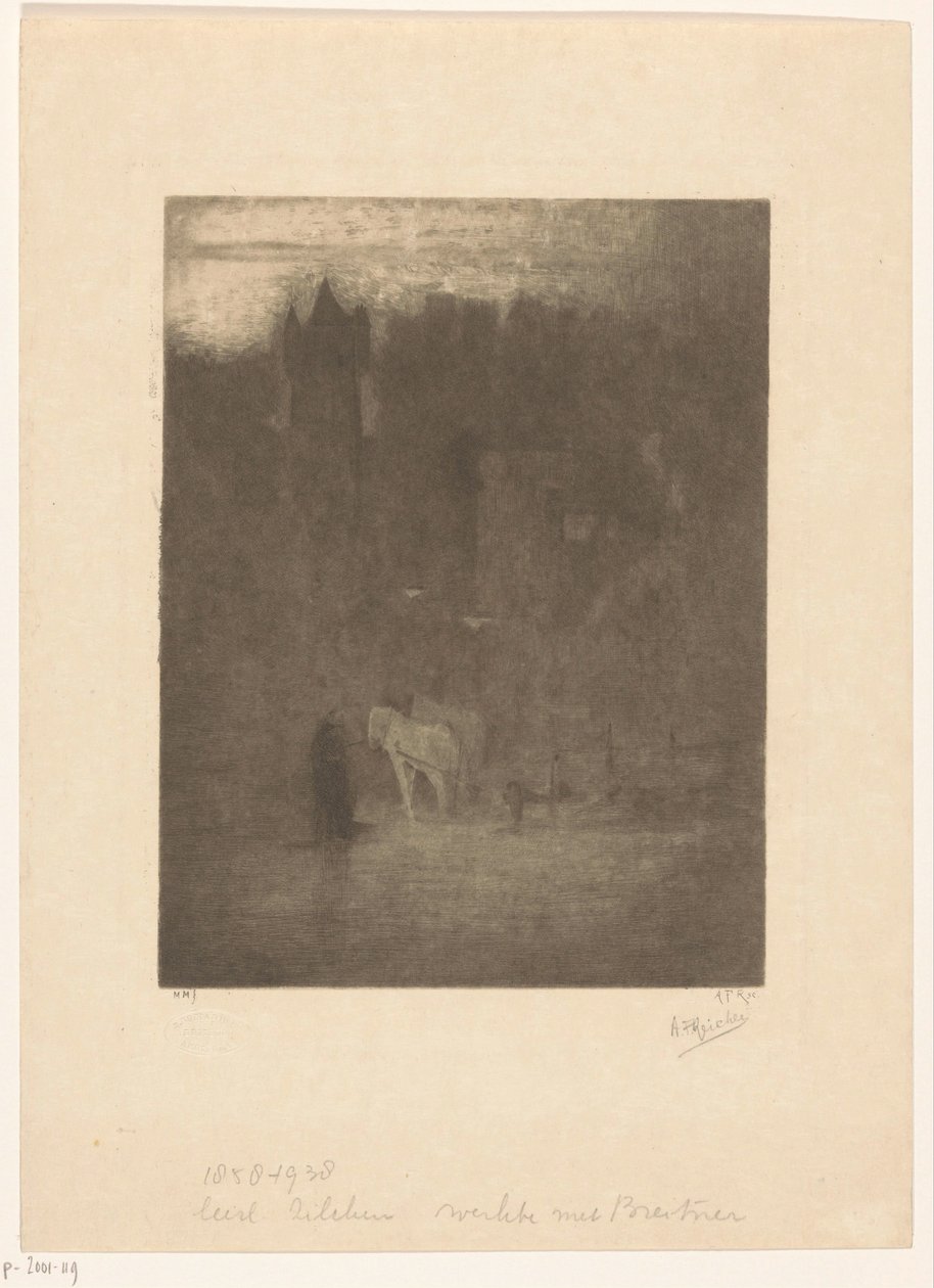 Figura e due cavalli vicino a un castello nella nebbia da Albrecht Felix Reicher (signed by artist)