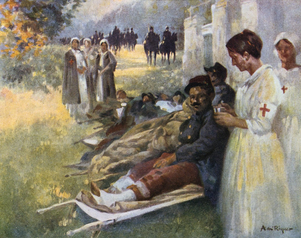 Primo soccorso: Soldato ferito e la sua infermiera in un posto di medicazione durante la Prima Guerra Mondiale in Francia da Alejandro de Riquer