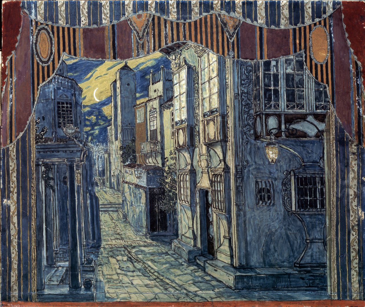 Scenografia per Il barbiere di Siviglia, di Gioachino Rossini, 1924 da Aleksandr Jakovlevic Golovin