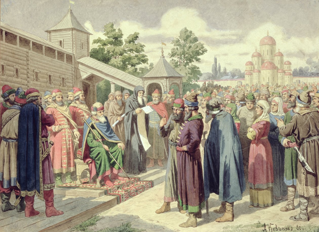 Lettura del codice alla presenza del Granduca Jaroslav di Novgorod, 1880 da Aleksei Danilovich Kivshenko