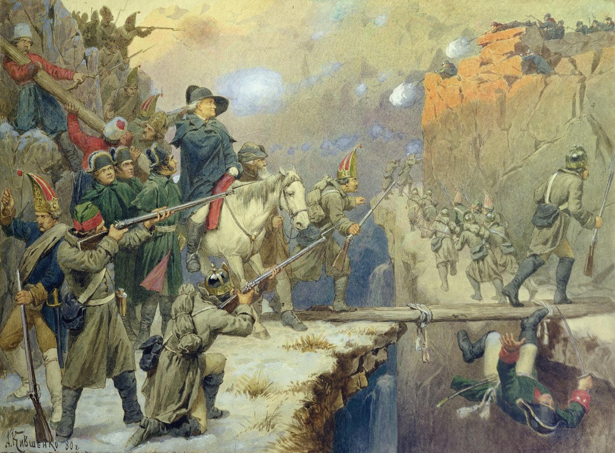 Suvorov attraversa il Ponte del Diavolo nel 1799, 1880 da Aleksei Danilovich Kivshenko