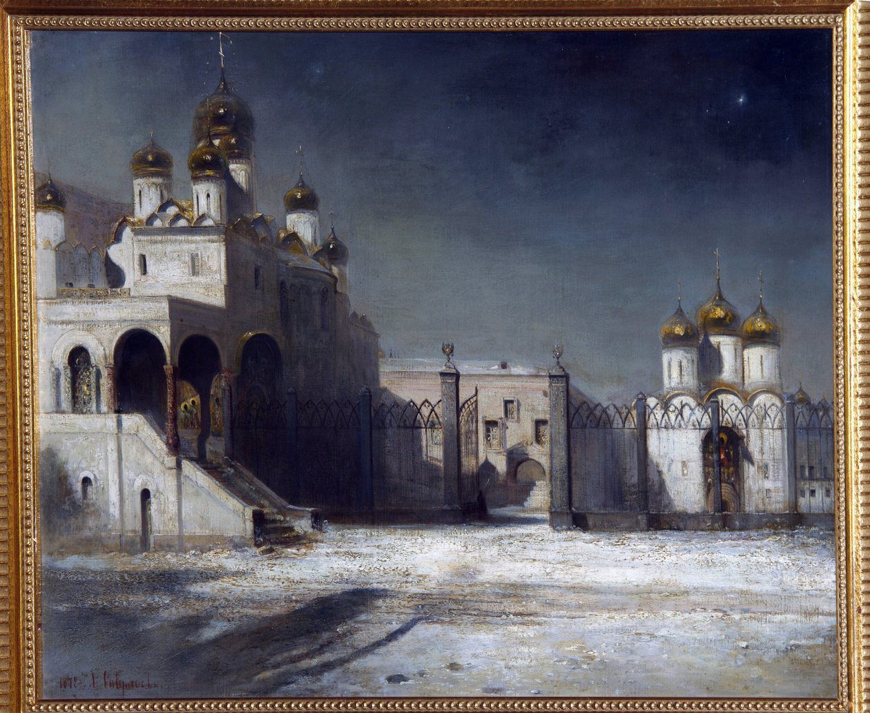 La piazza della cattedrale nel Cremlino di Mosca, di notte da Alexei Kondratjewitsch Sawrassow