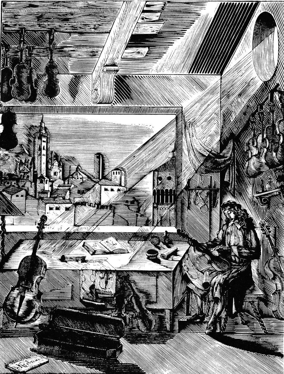 Il liutaio italiano Antonio Stradivari nella sua bottega, 1926 da Aleksey Kravchenko