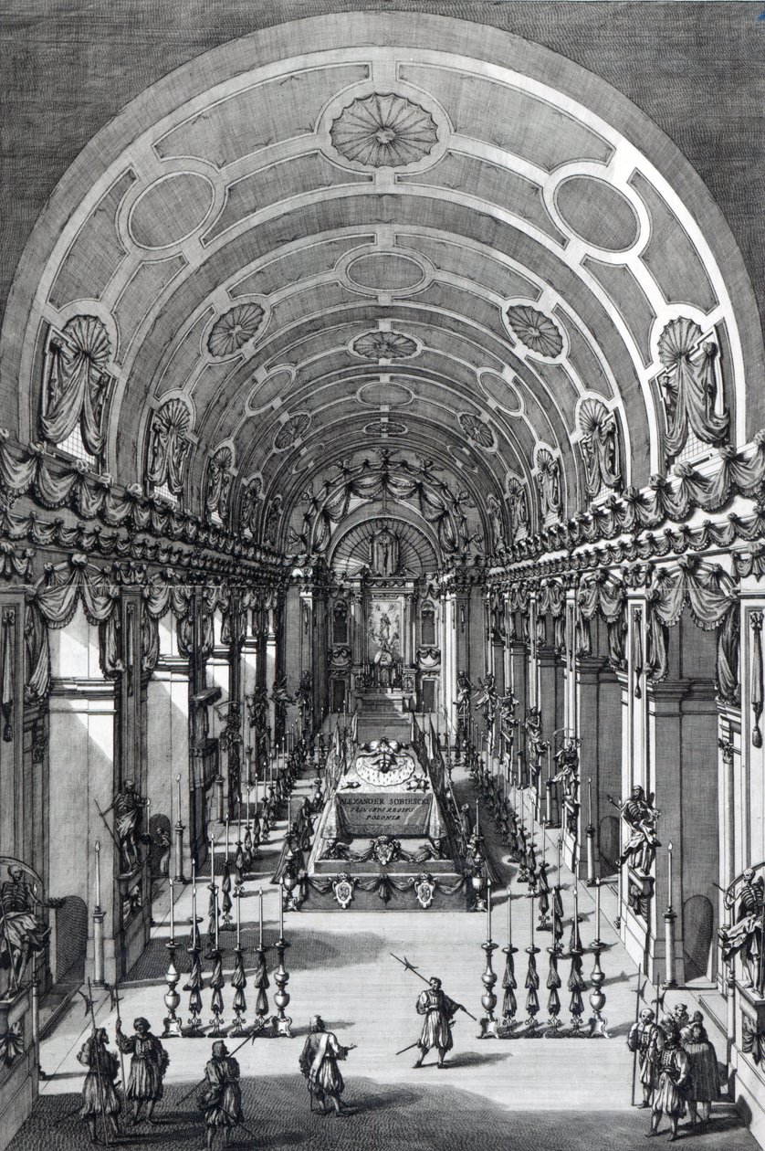 La veglia funebre di Alexander Sobieski nella Chiesa dei Cappuccini, Roma, inciso da Francesco Faraone Aquila, 1714 da Alessandro Specchi