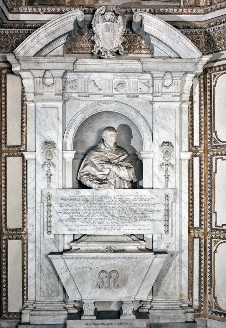 Monumento funebre in omaggio al cardinale Giovanni Garcia Mellini con ritratto in busto. Scultura in marmo di Alessandro Algardi (1598-1654) circa 1630, Roma, Basilica di Santa Maria del Popolo, Cappella Mellini da Alessandro Algardi
