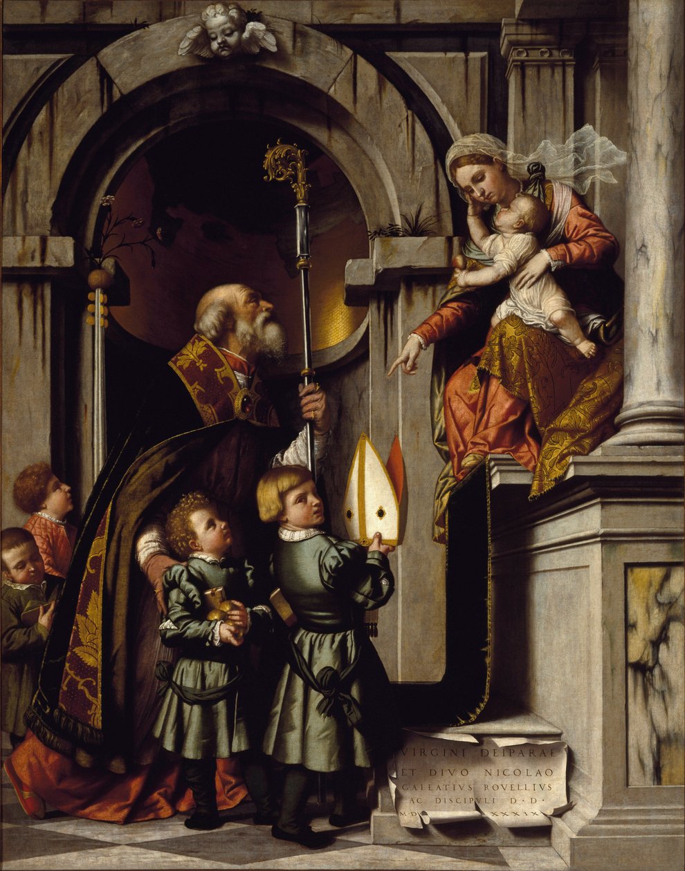 San Nicola di Myra o Bari (270-345) presenta gli alunni di Galeazzo Rovelli alla Vergine con il bambino Gesù sul trono da Alessandro Bonvicino Moretto