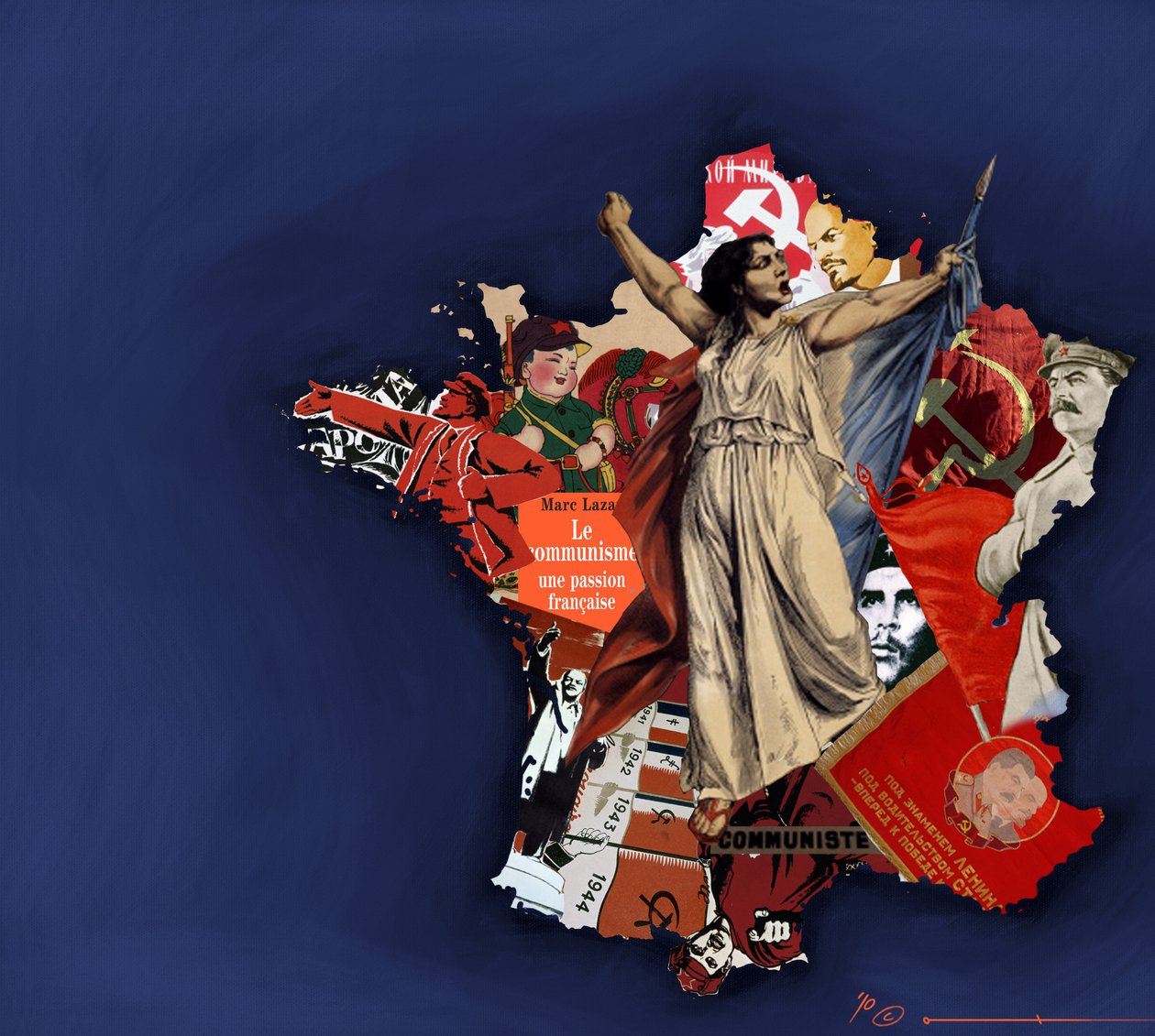 Una mariana su uno sfondo di collage comunista. Allegoria del comunismo in Francia. 2010. Disegno a colori di Alessandro Lonati da Alessandro Lonati