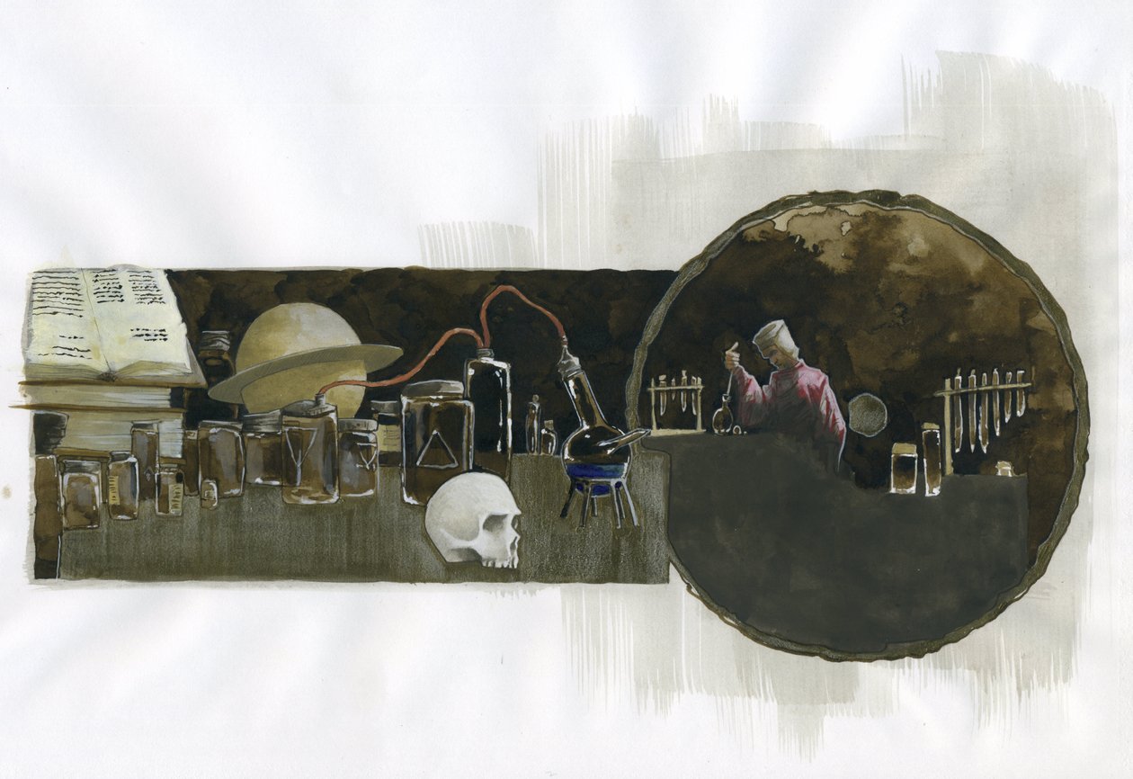 Alchimista nel suo laboratorio circondato da fiale e alambicchi Illustrazione di Alessandro Lonati da Alessandro Lonati