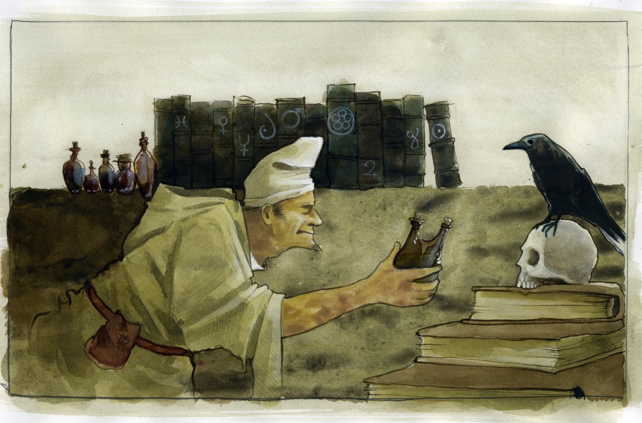 Alchimista nel suo laboratorio con un corvo, un teschio. Illustrazione di Alessandro Lonati da Alessandro Lonati