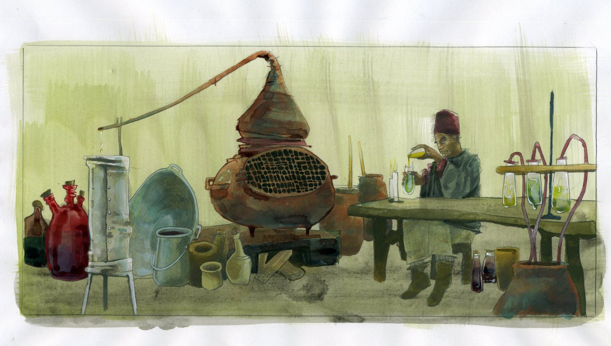 Alchimista nel suo laboratorio con vasi e alambicchi. Illustrazione di Alessandro Lonati da Alessandro Lonati